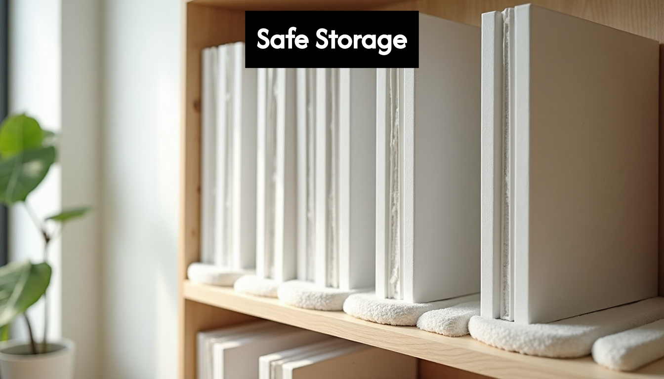 Canvases stored vertically with archival padding