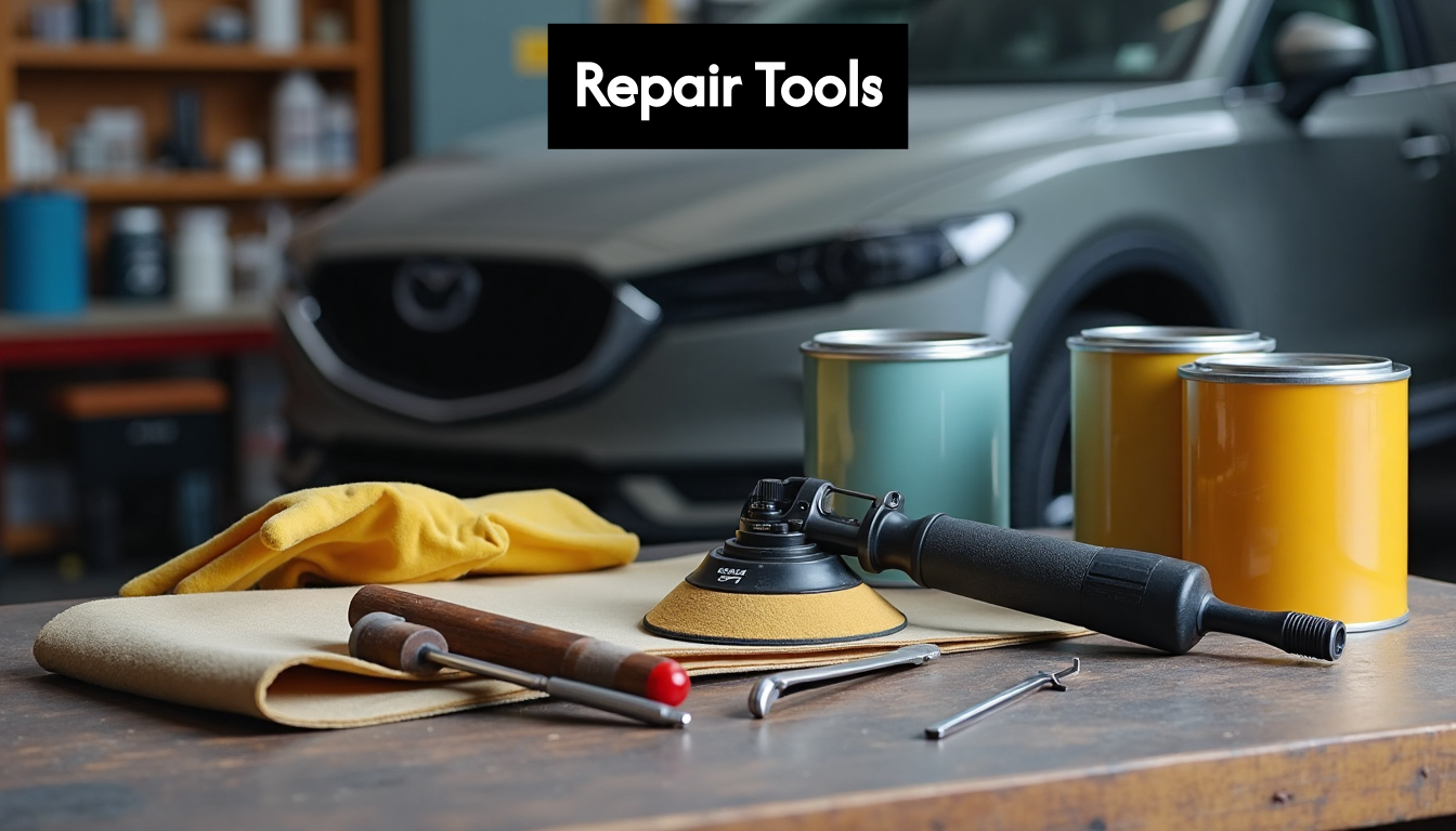 Car bodywork repair tool kit on bench