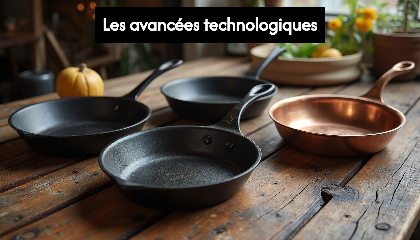 Cast iron, steel, and copper poêle pans on wooden table