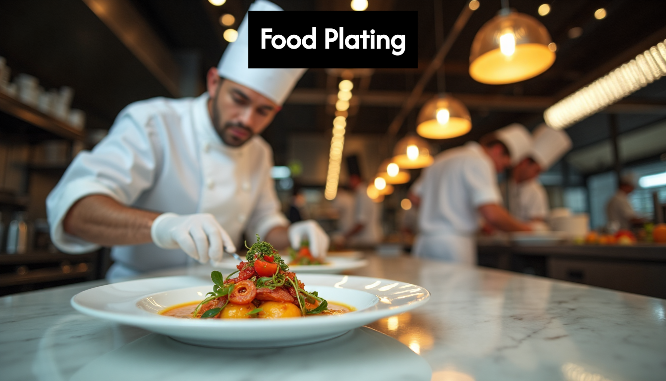 Chef plating gourmet dish in restaurant kitchen