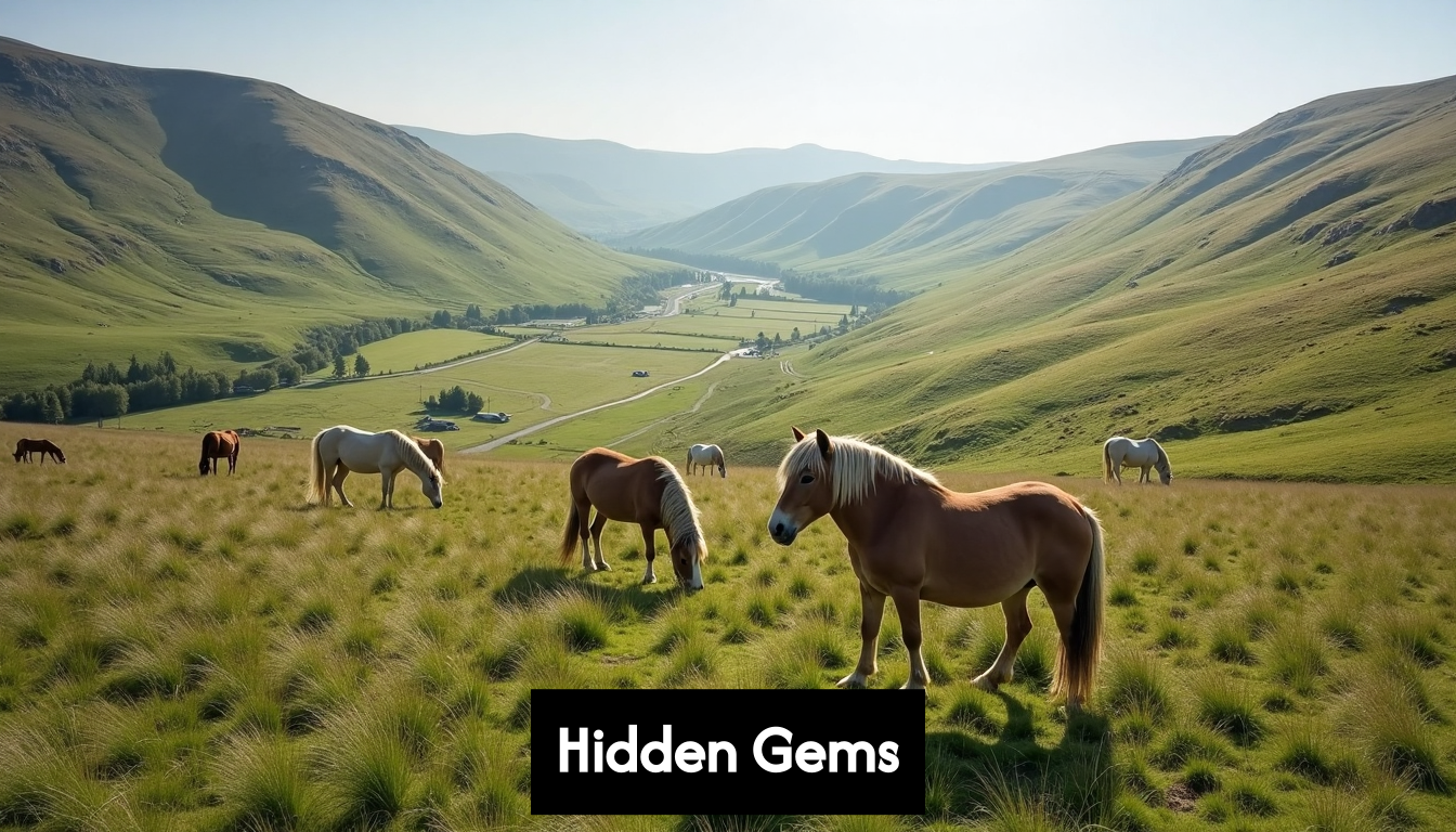 Cheviot Hills valley with wild ponies grazing