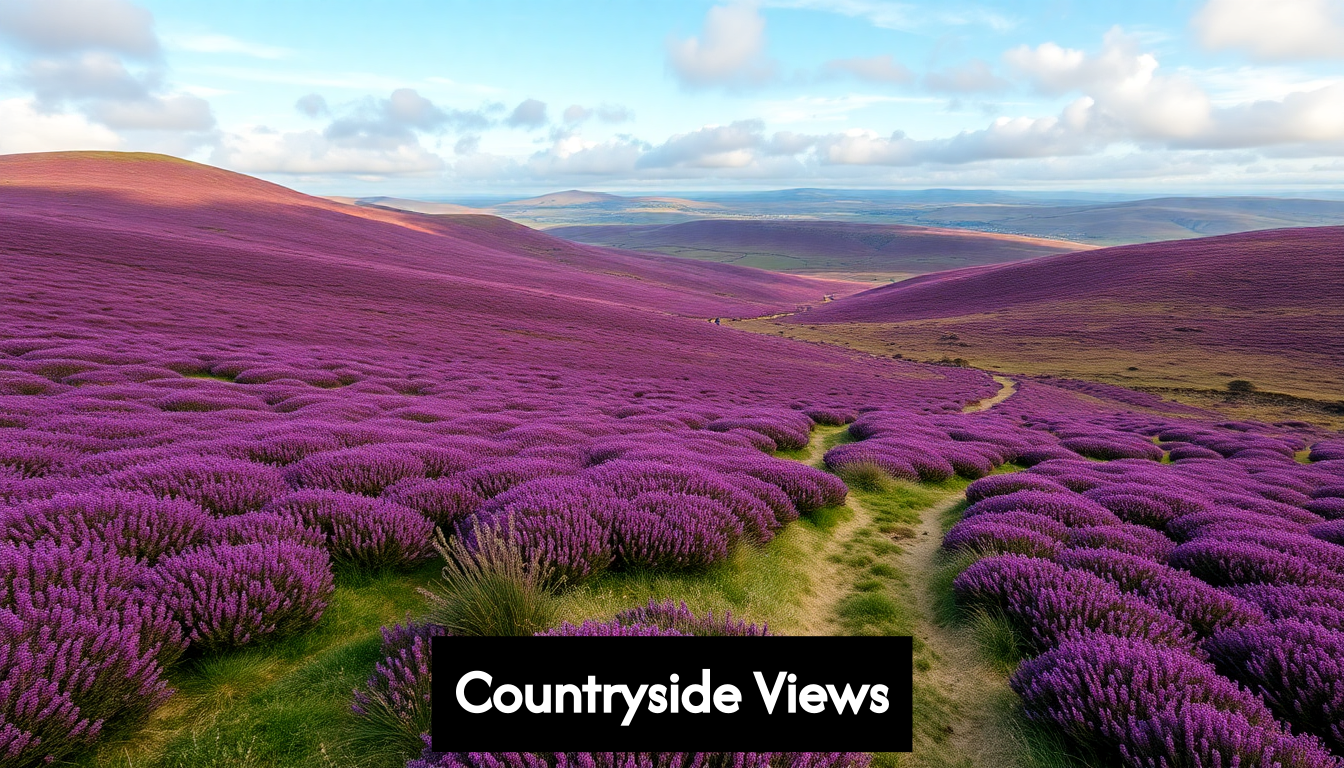 Cheviot Hills with blooming heather and footpaths