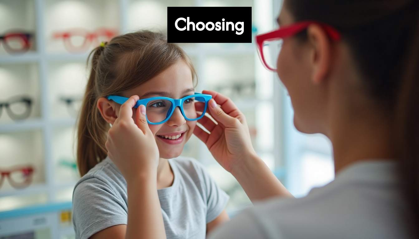 Child smiling while trying on new blue glasses frames.