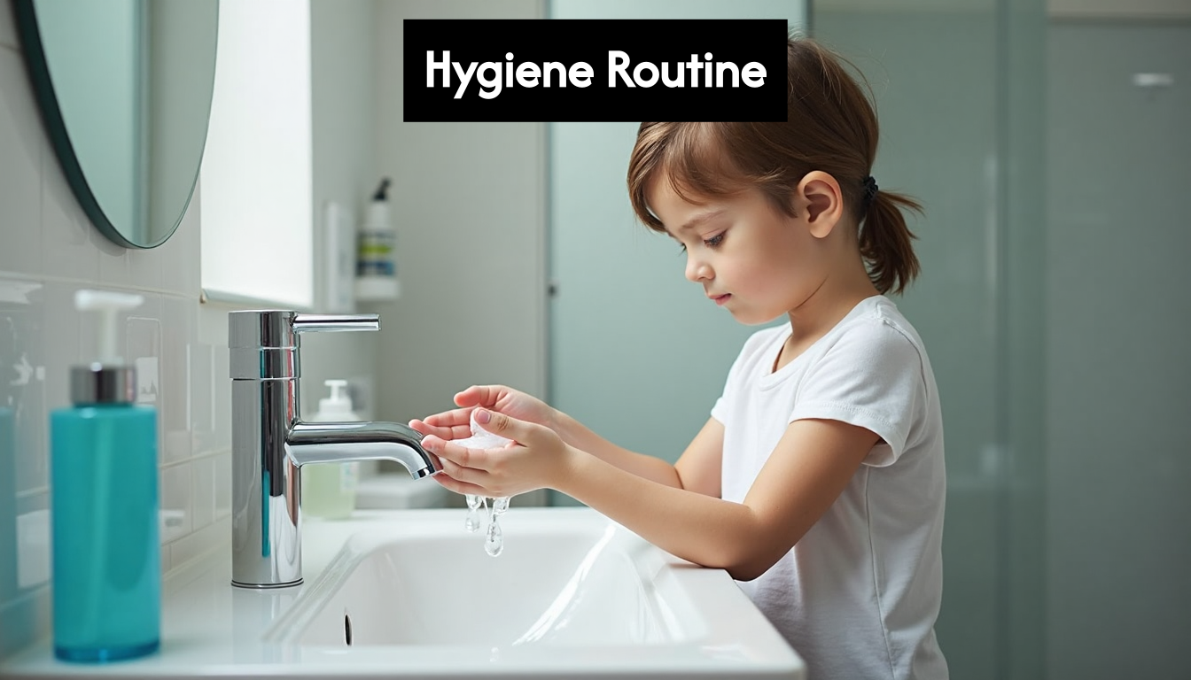 Child washing hands carefully at sink