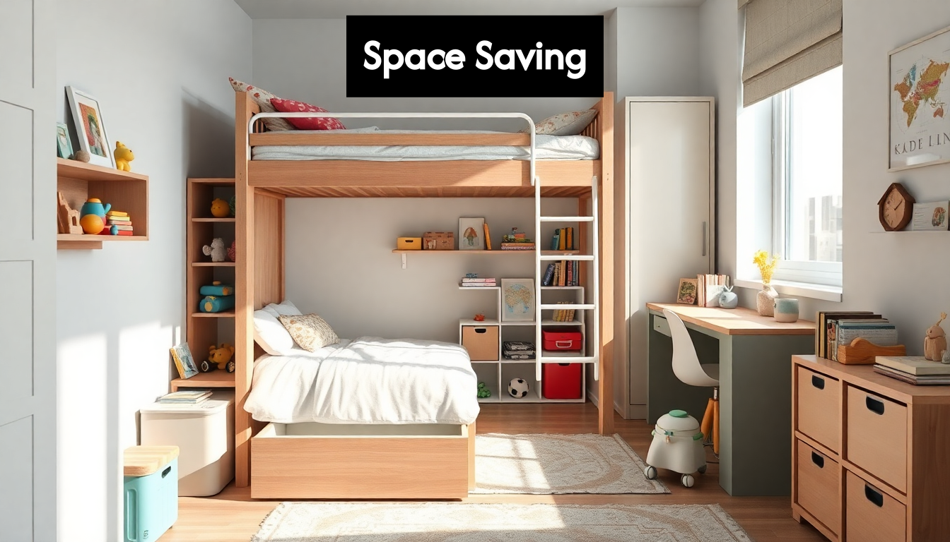Children's room bunk bed with built-in storage