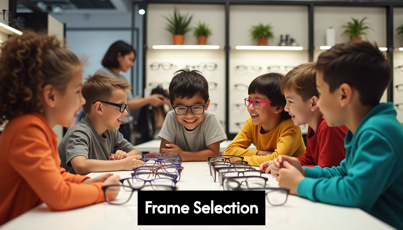 Children trying various glasses frames together