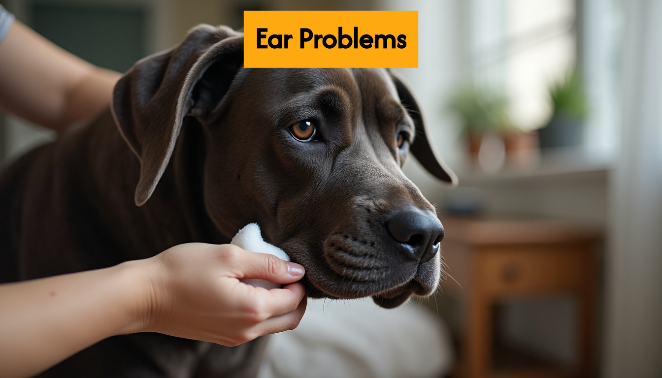 Cleaning Cane Corso ear with cotton ball