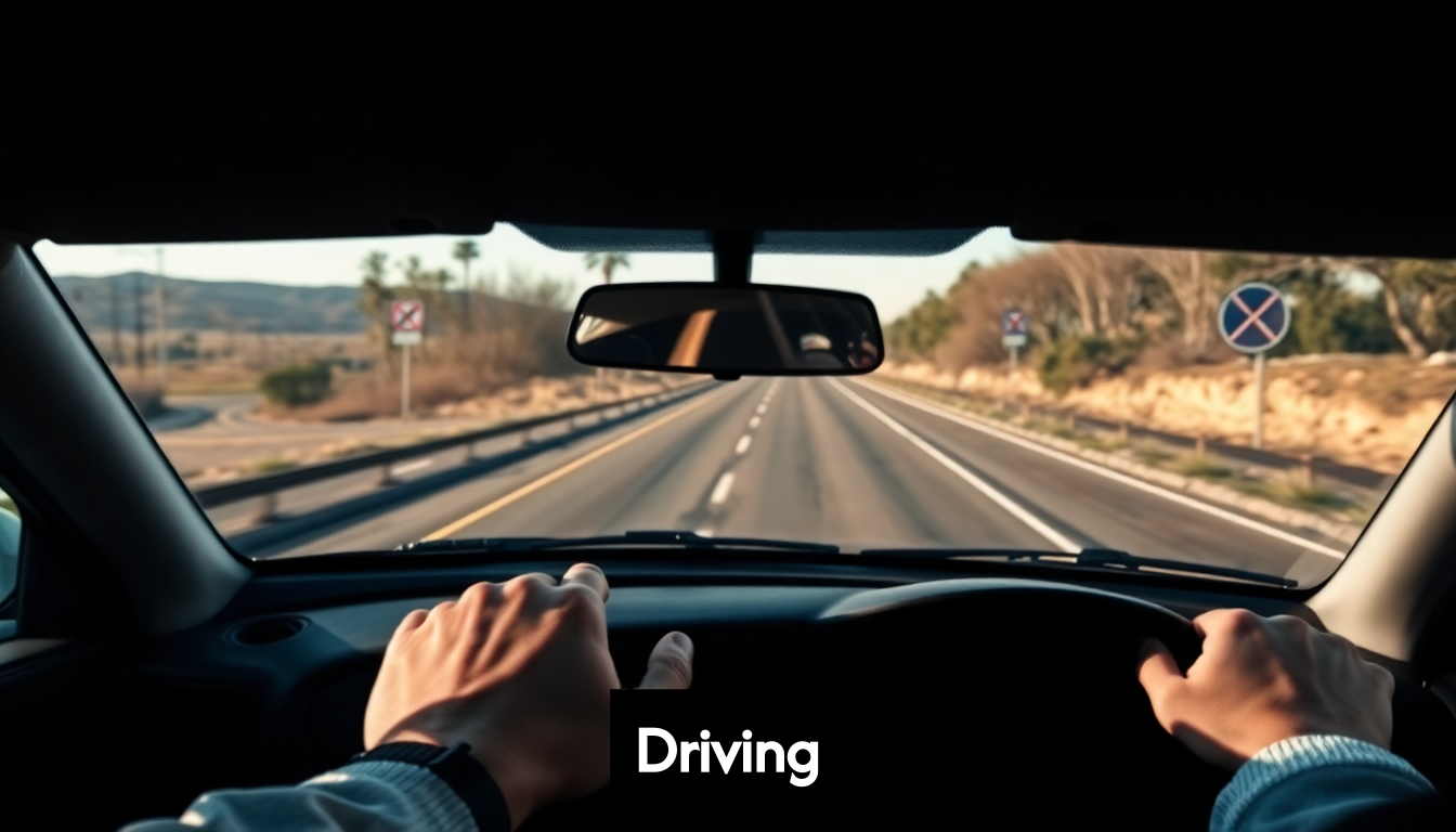 Clear view of the road ahead through a windshield.