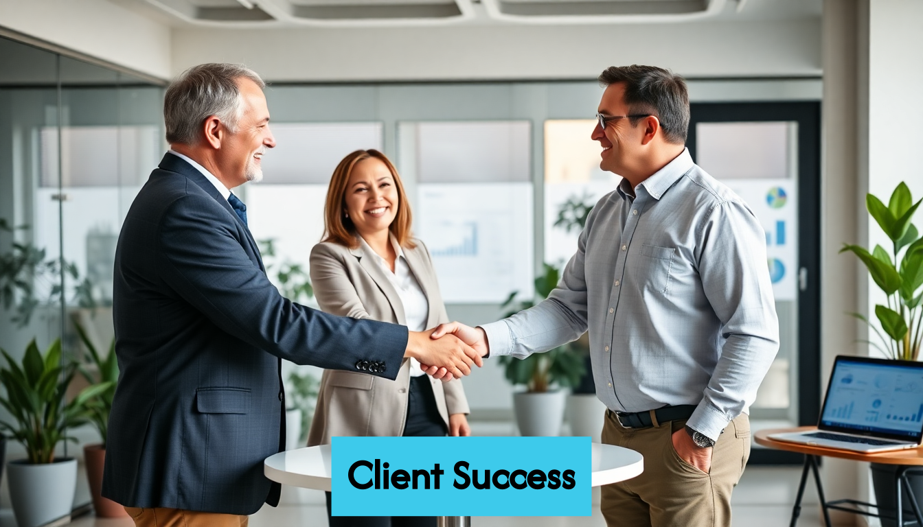 Client and agency representative shake hands in office