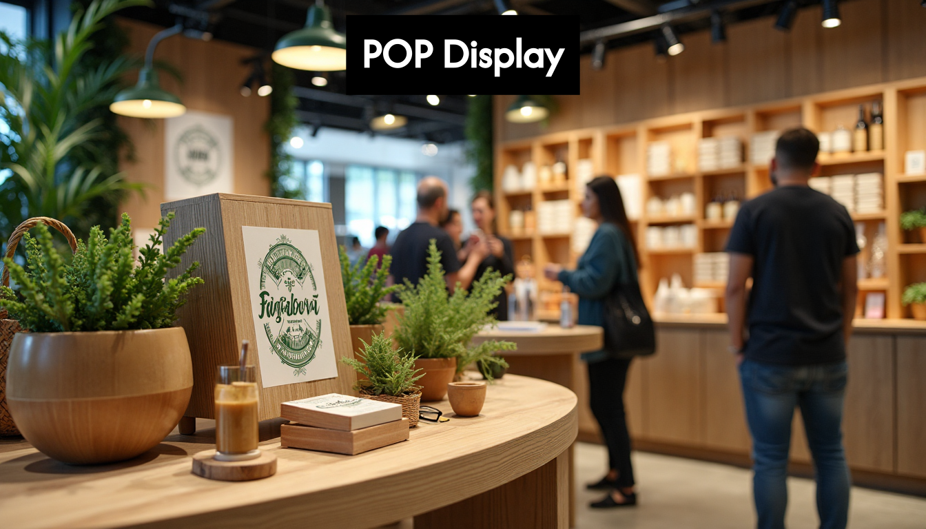 Close-up of branded retail POP display in UK store