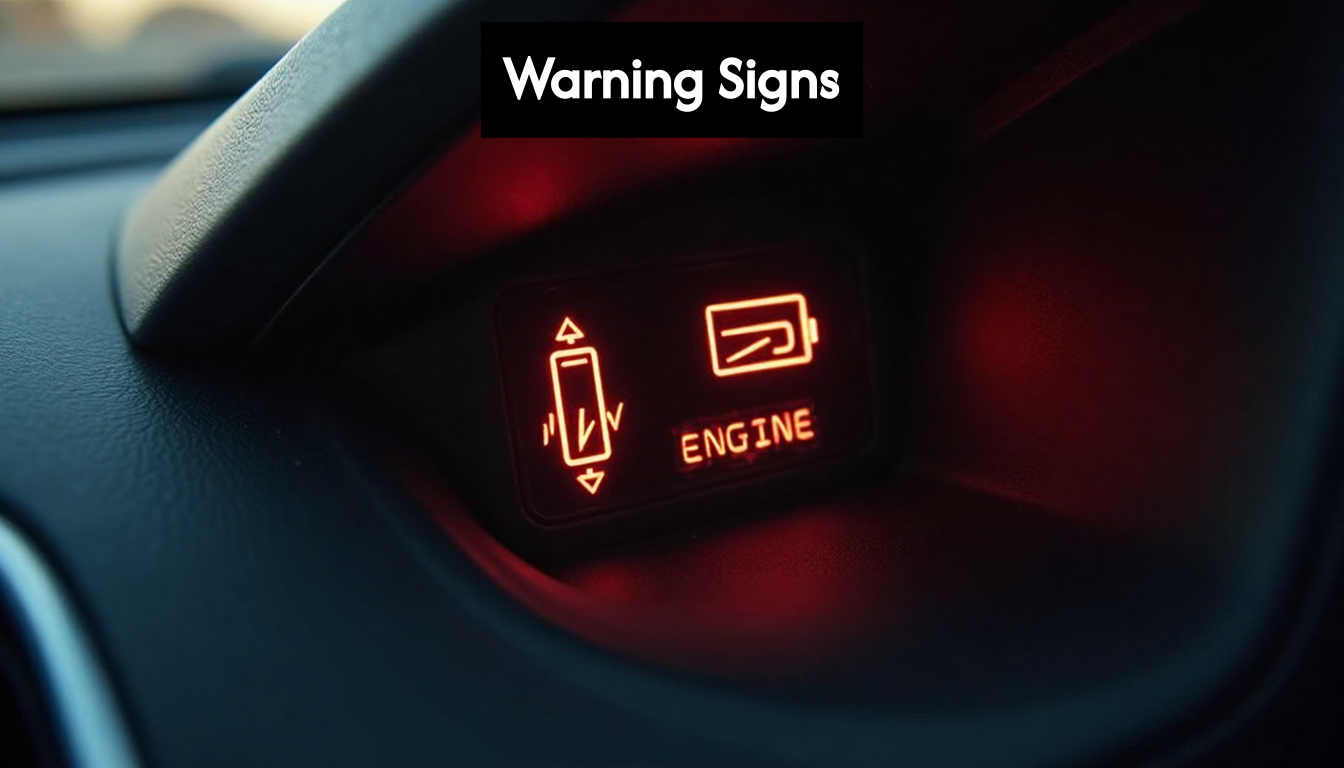 Close-up of dashboard battery and engine warning lights