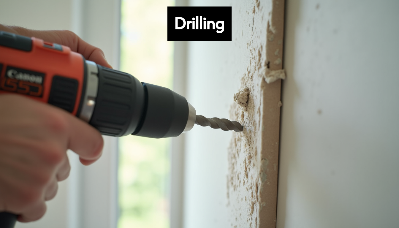 Close-up of drill making hole in drywall.