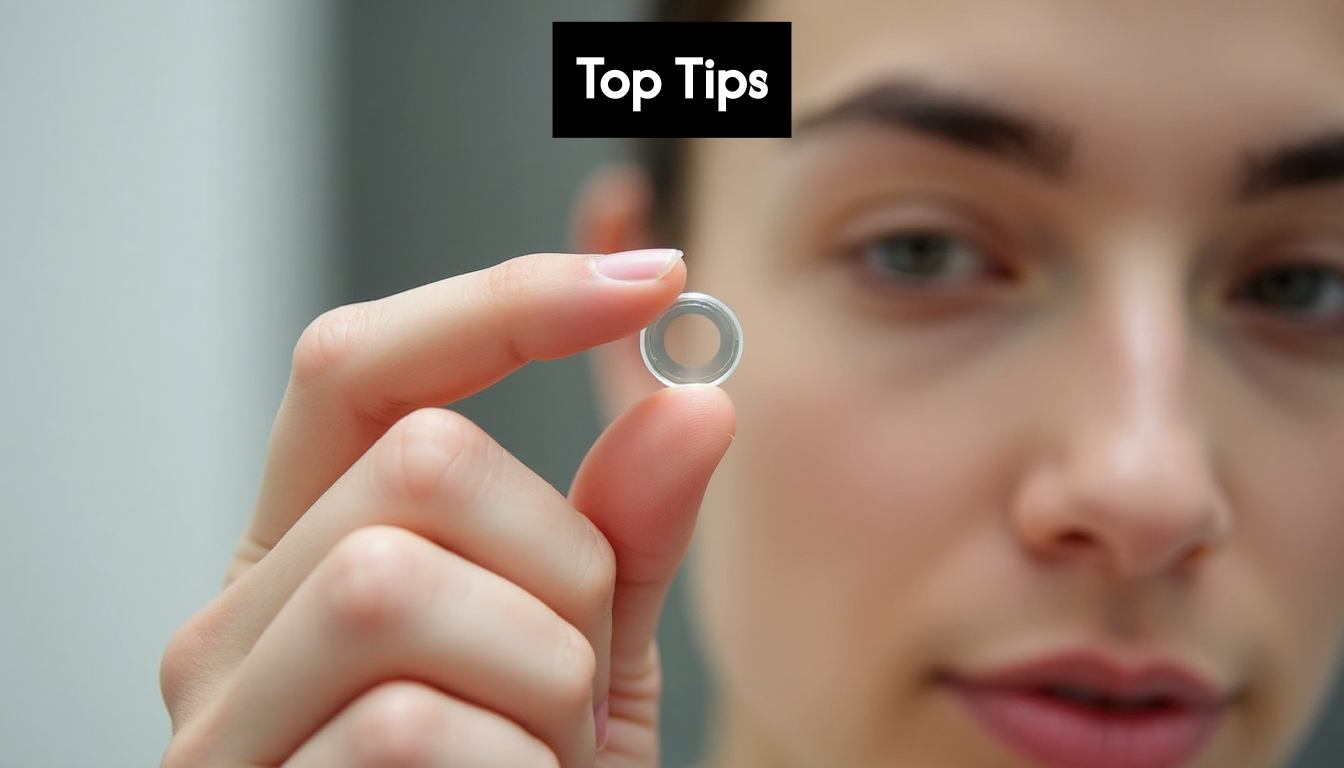 Close-up of hand holding a contact lens