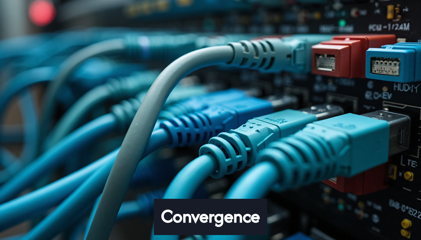 Close-up of intertwined networking cables and hardware.