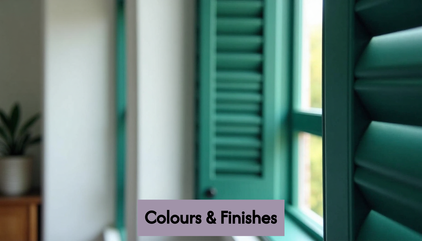 Close-up of navy and green window shutters