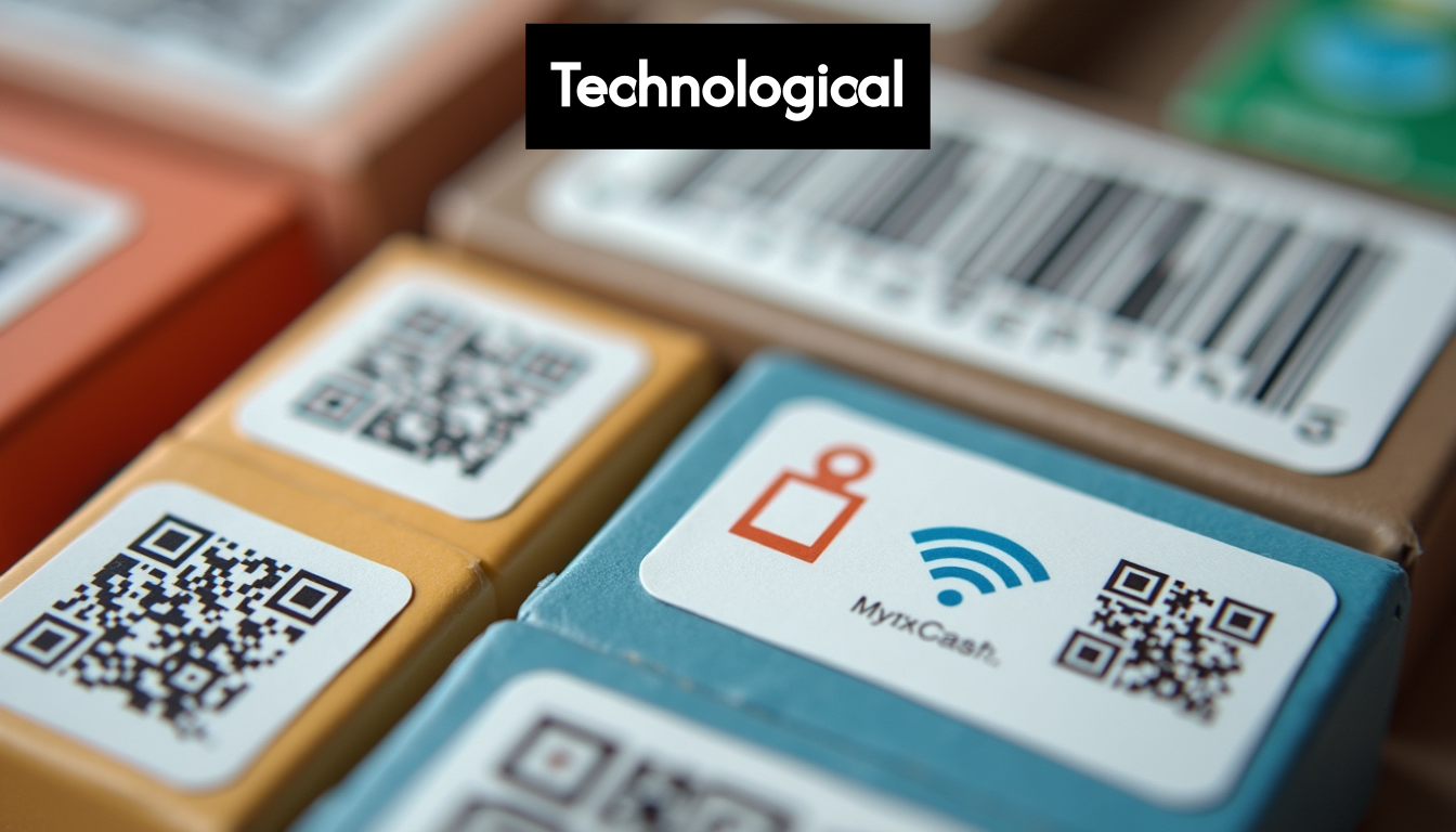 Close-up of smart labels with QR codes and RFID tags.