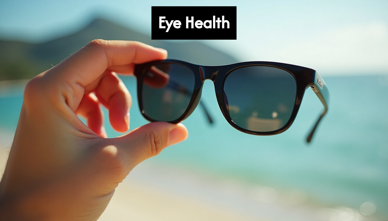 Close-up of sunglasses with UV protection label