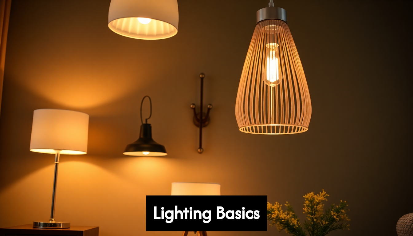 Close-up of table lamp, wall sconce, and ceiling light