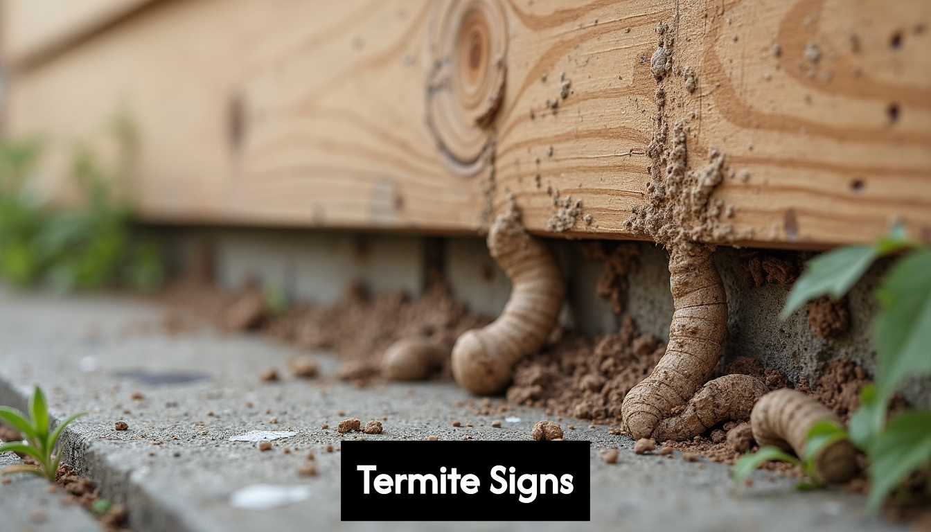 Close-up of termite mud tubes on foundation and wood