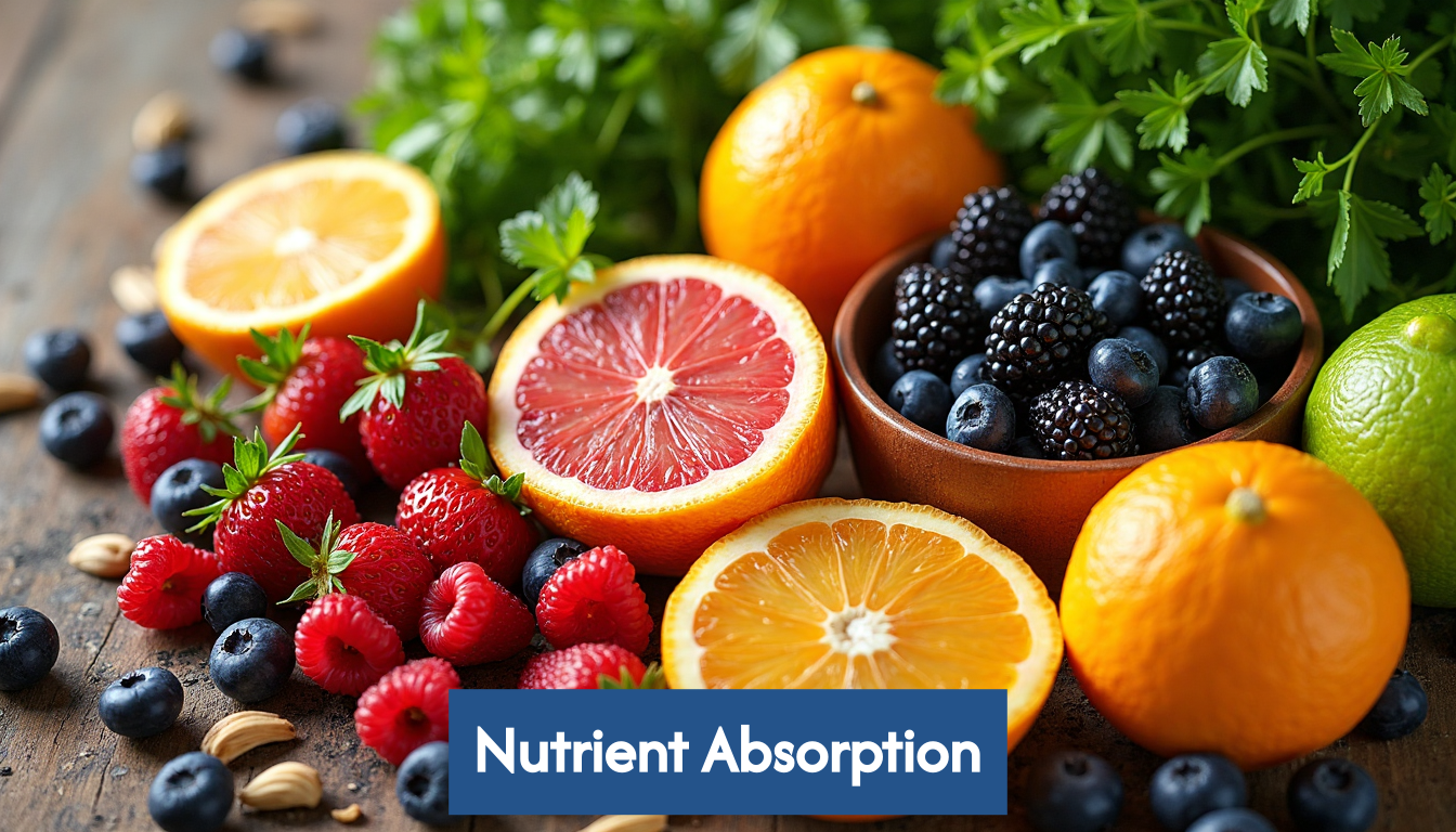 Close-up of various colorful healthy foods.