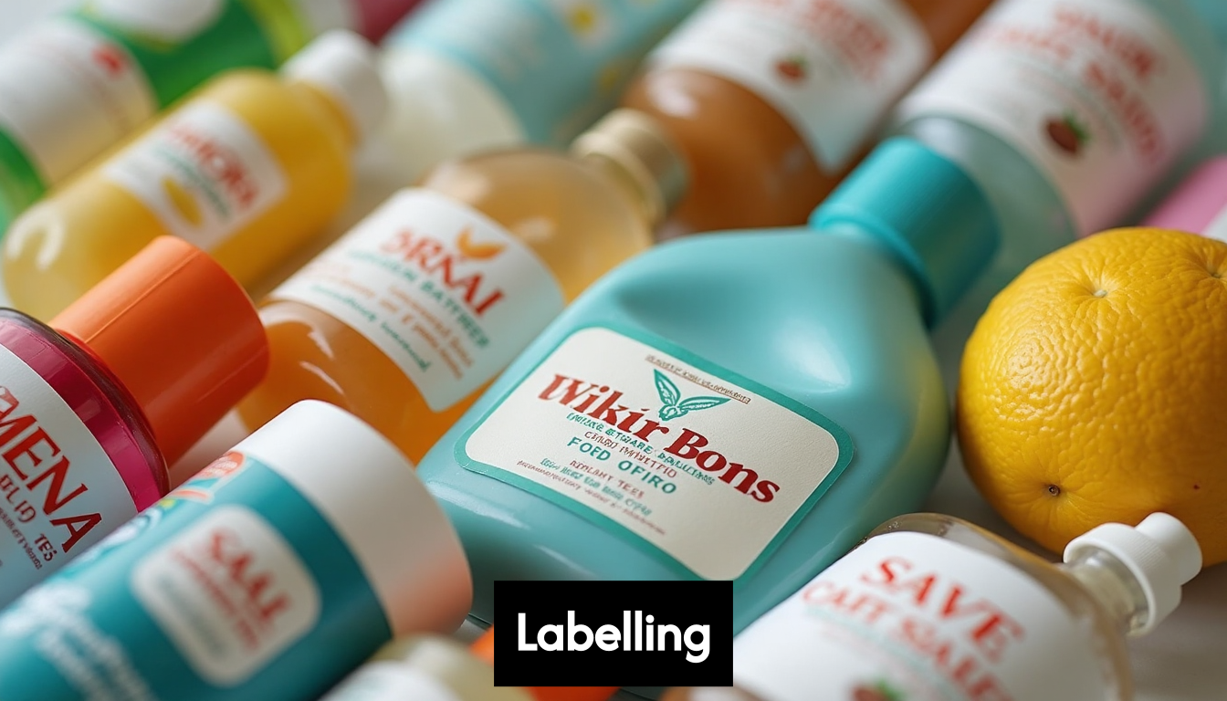 Close-up showing diverse product labels on packages.