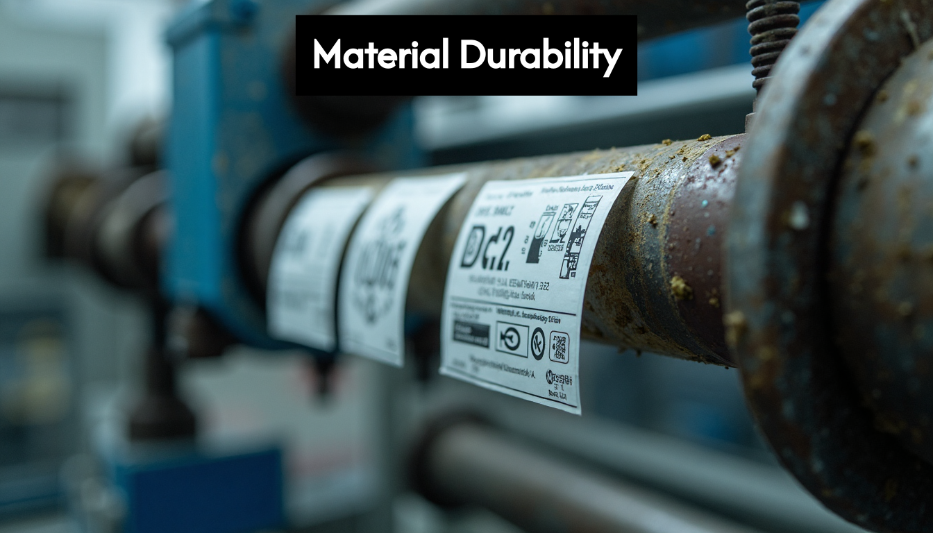 Close up of durable industrial label in tough environment
