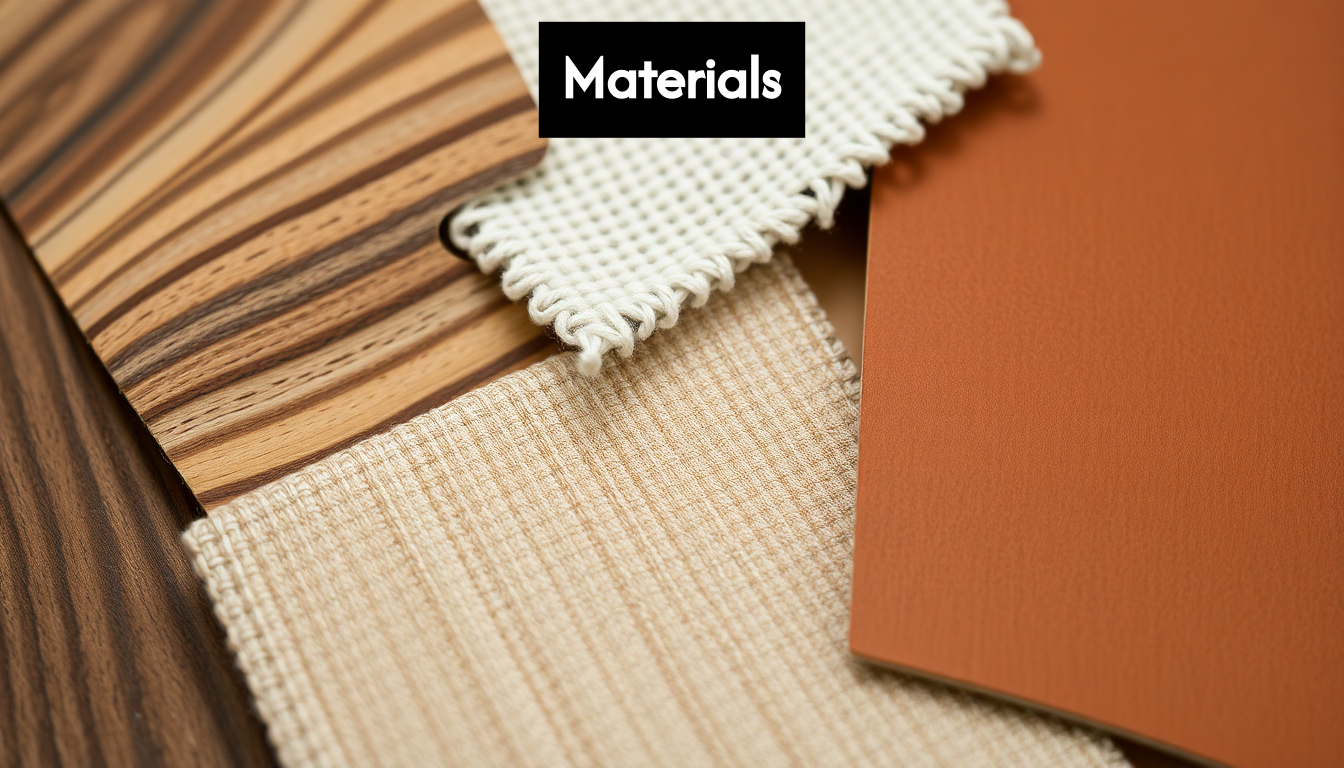 Close up of furniture materials: wood, fabric, metal