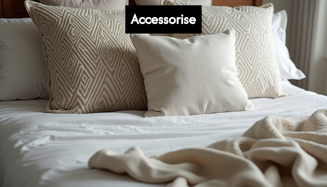 Closeup showing layered pillows and textiles on a bed