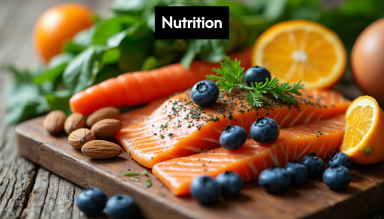 Collection of colourful fruits, vegetables, fish, and nuts.