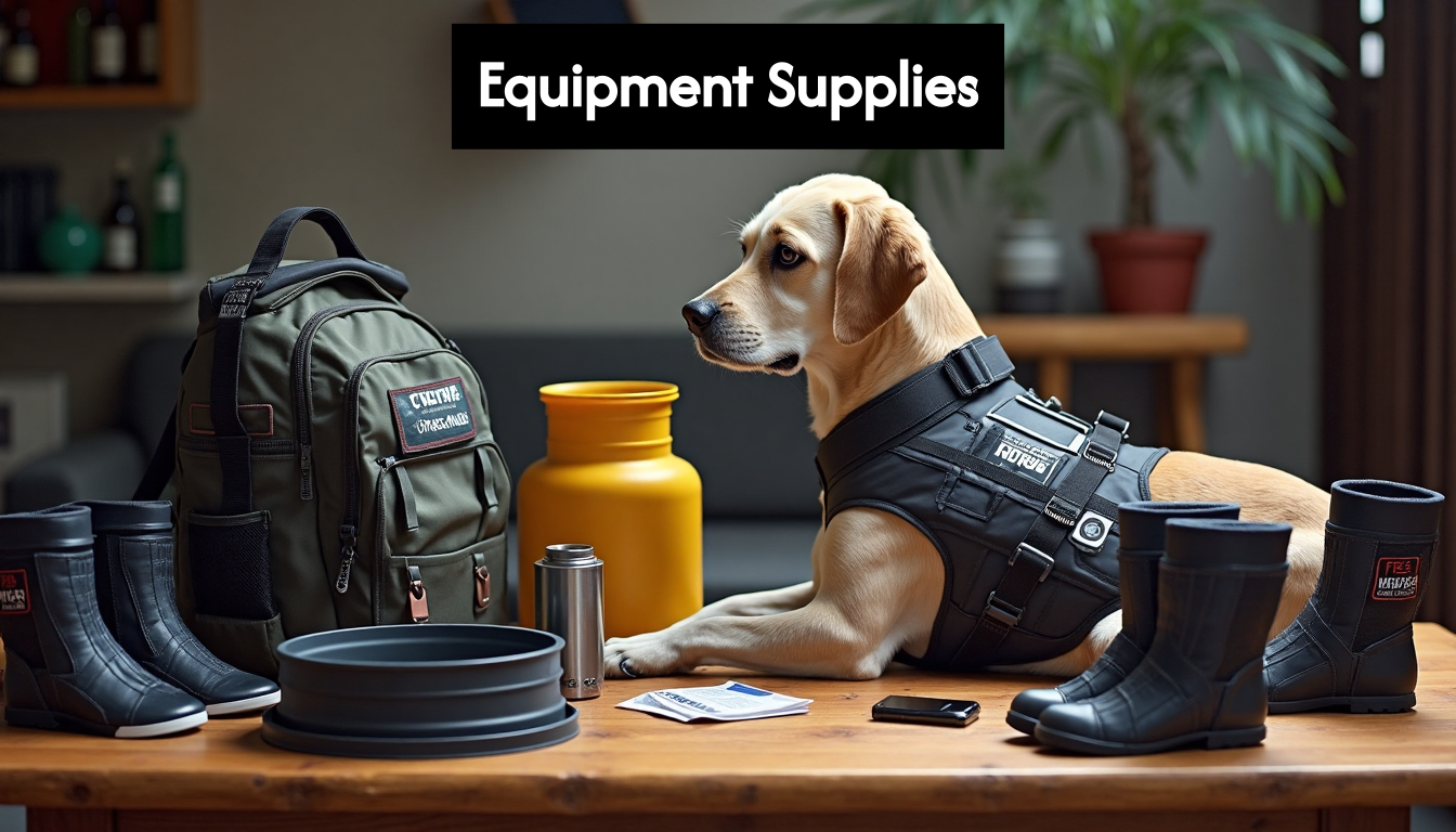Collection of service dog gear and supplies