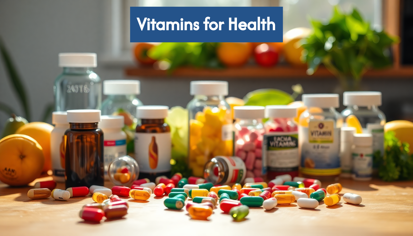 Colorful vitamins and supplements on table