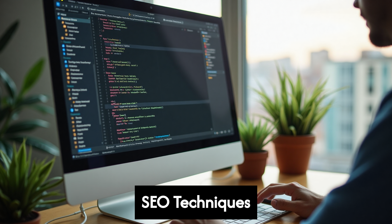 Computer screen with website code for SEO