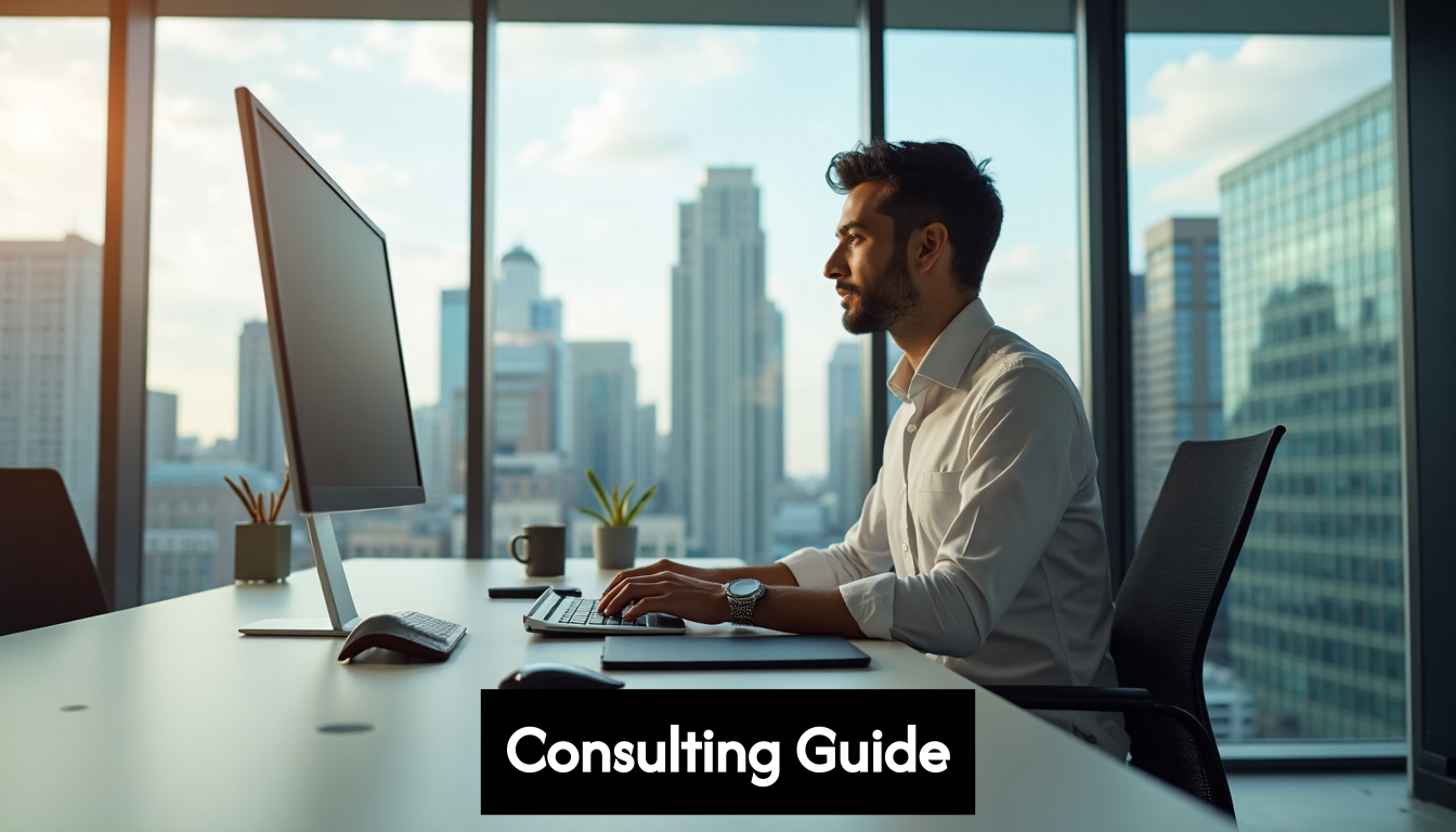 Confident consultant at modern office desk with laptop