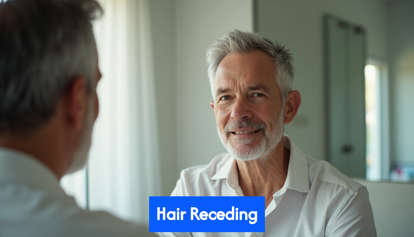 Confident man checking hairline in mirror