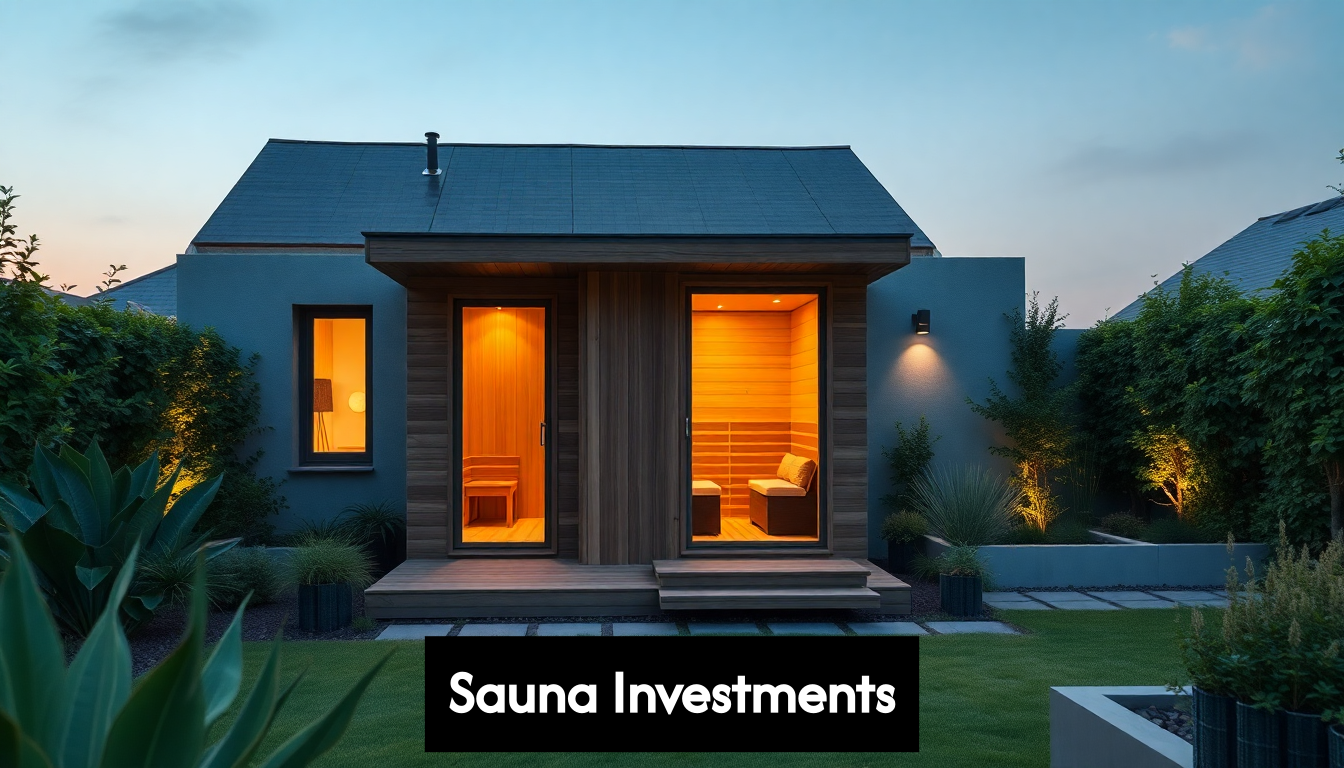 Contemporary house with wooden outdoor sauna in garden