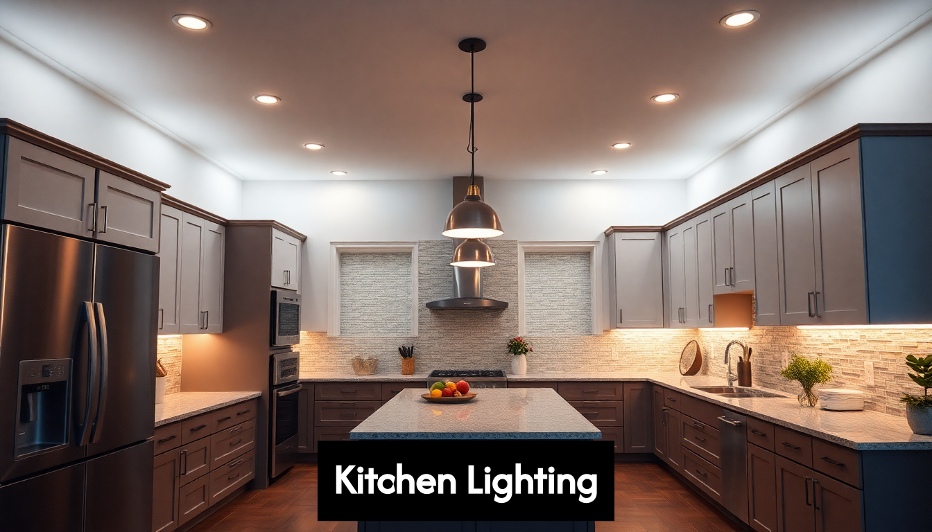 Contemporary kitchen with layered lighting at dusk
