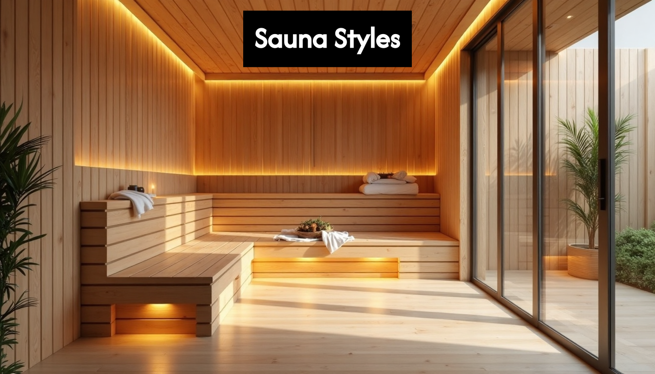 Contemporary wooden sauna room with glass door
