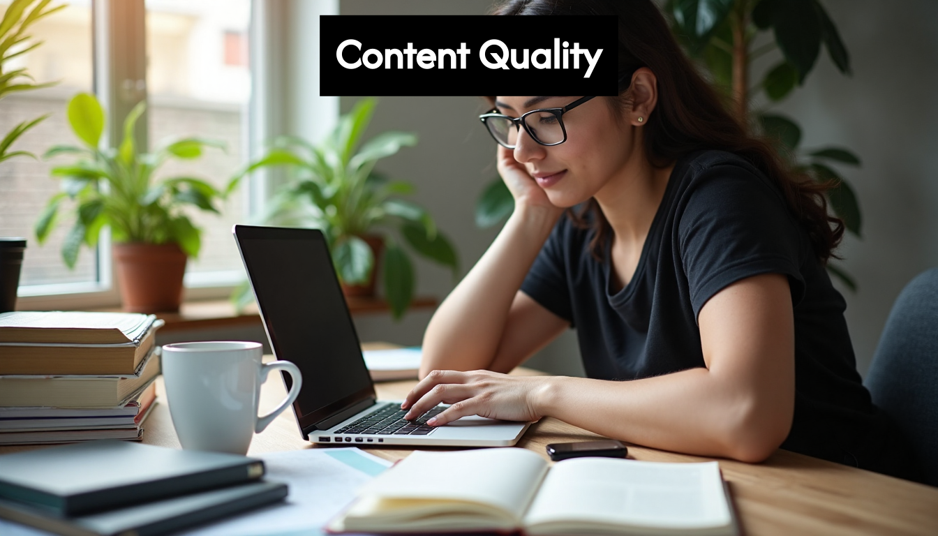 Content creator writing at desk with research material