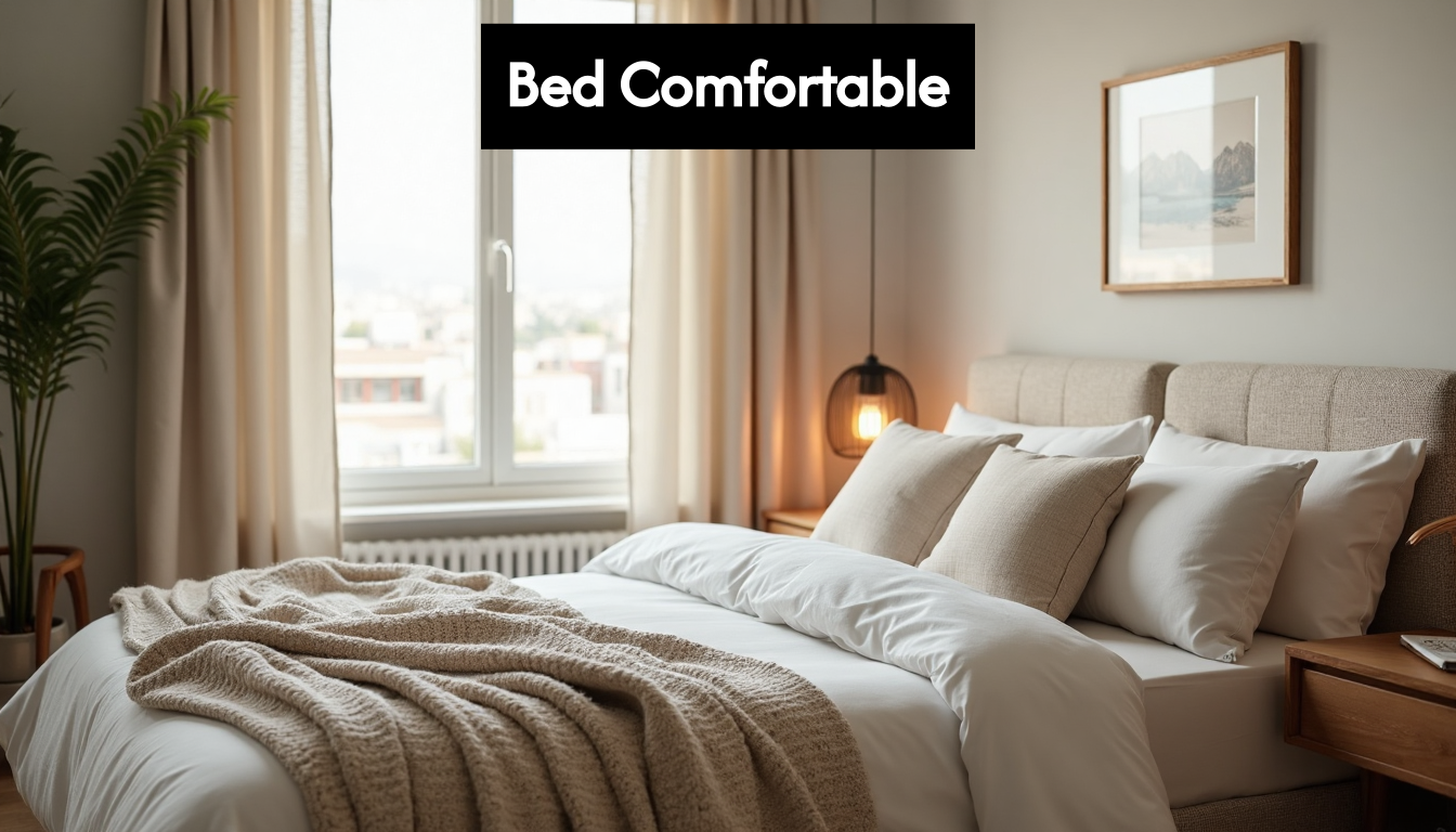Cosy inviting bed with plush bedding in calming room