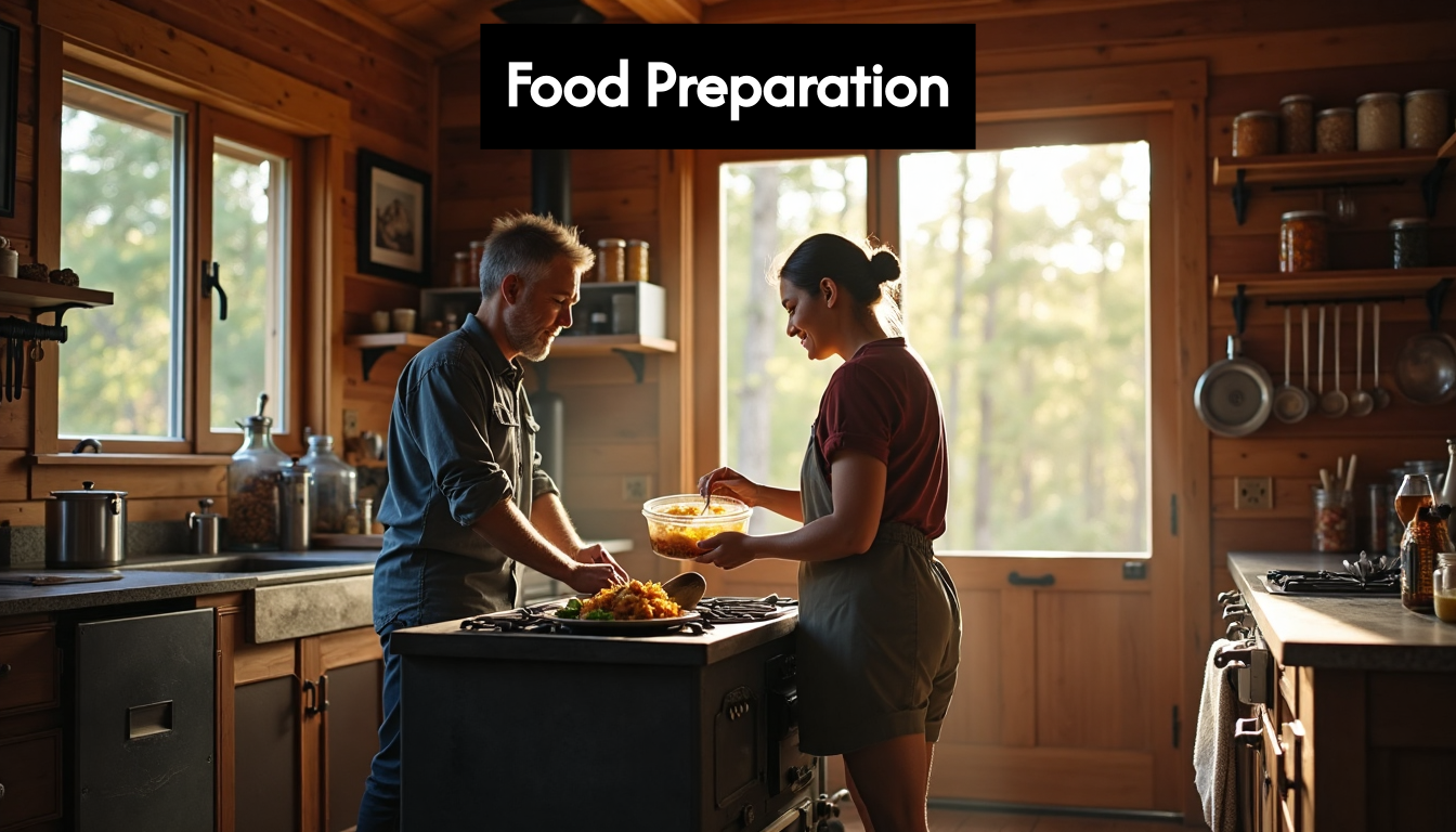 Couple cooking on wood stove in cozy cabin