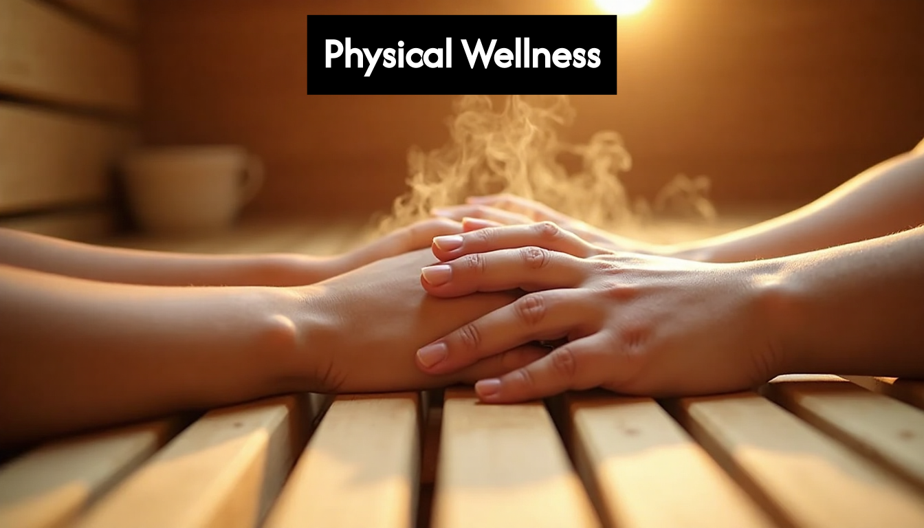 Couple holding hands on sauna bench