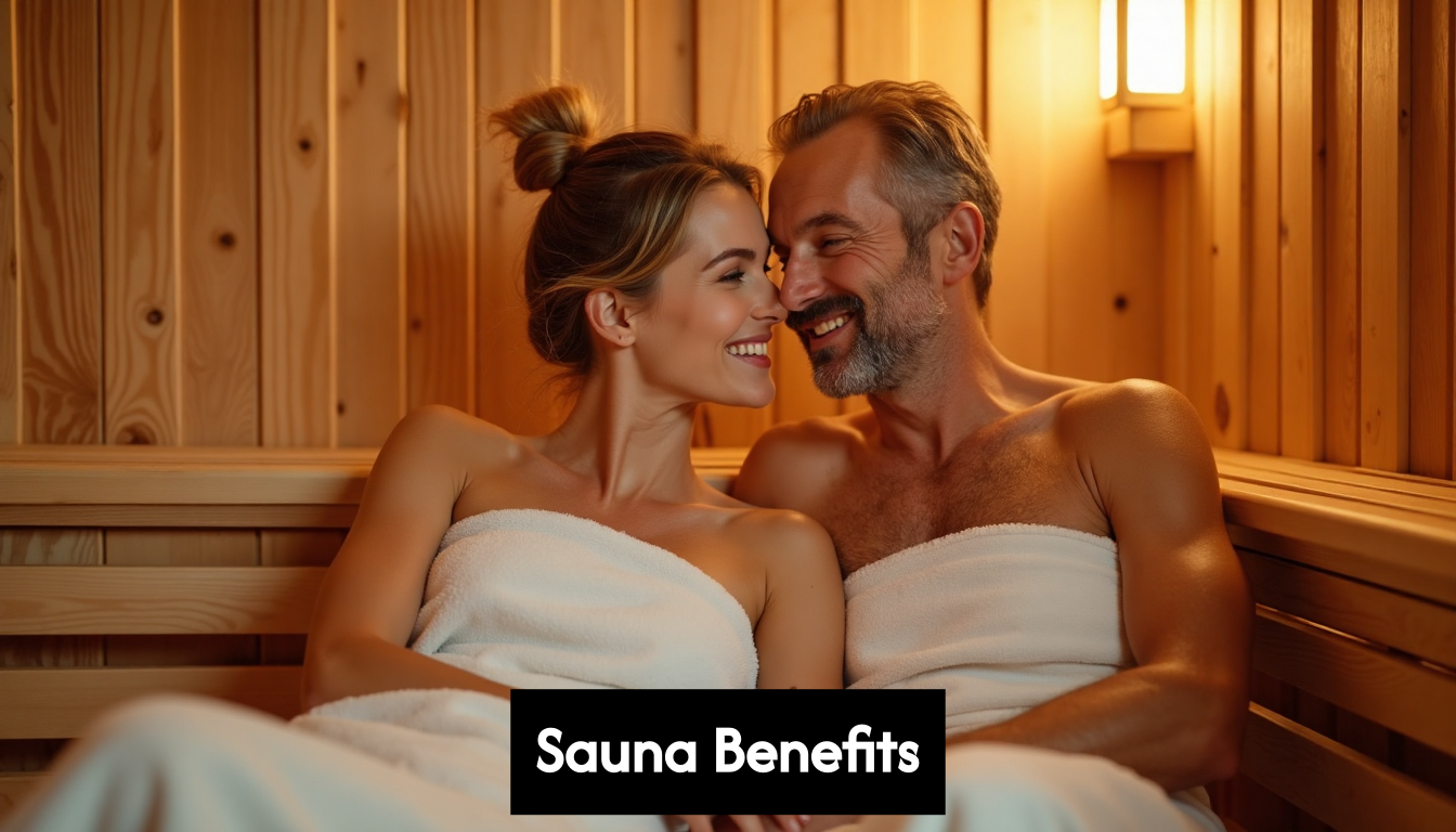 Couple relaxing in wooden sauna together