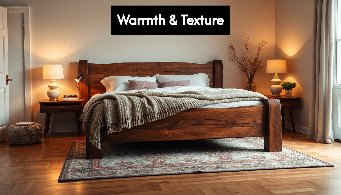 Cozy bedroom with wooden bed and warm lighting
