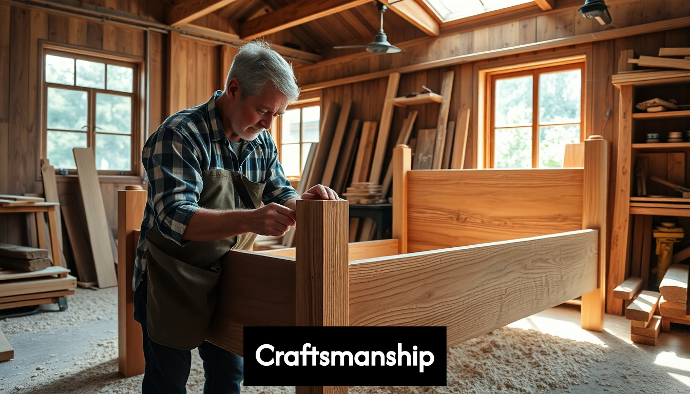 Craftsman building wooden bed in workshop