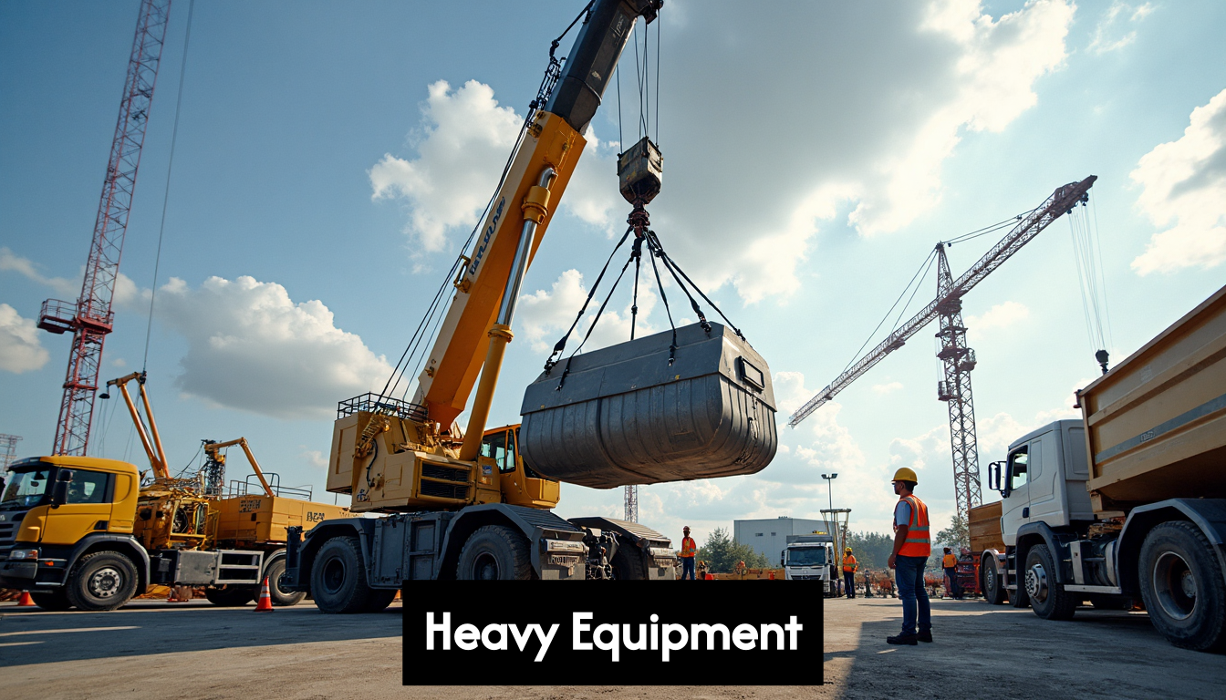 Crane lifting heavy machinery at worksite
