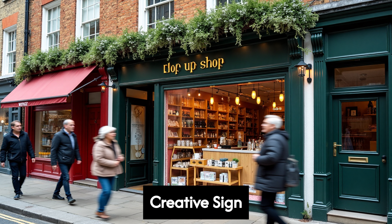 Creative London pop up shop sign with local flair