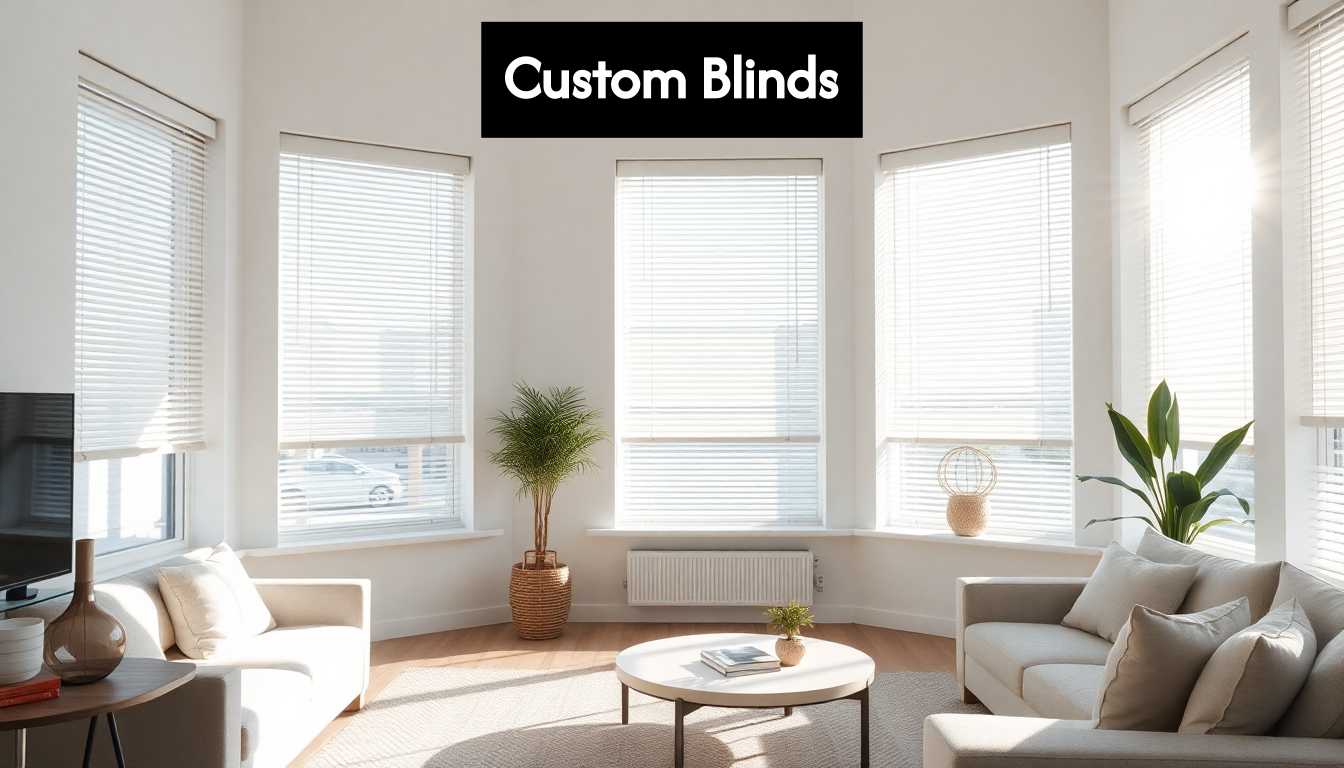 Custom blinds in a modern living room with large windows.