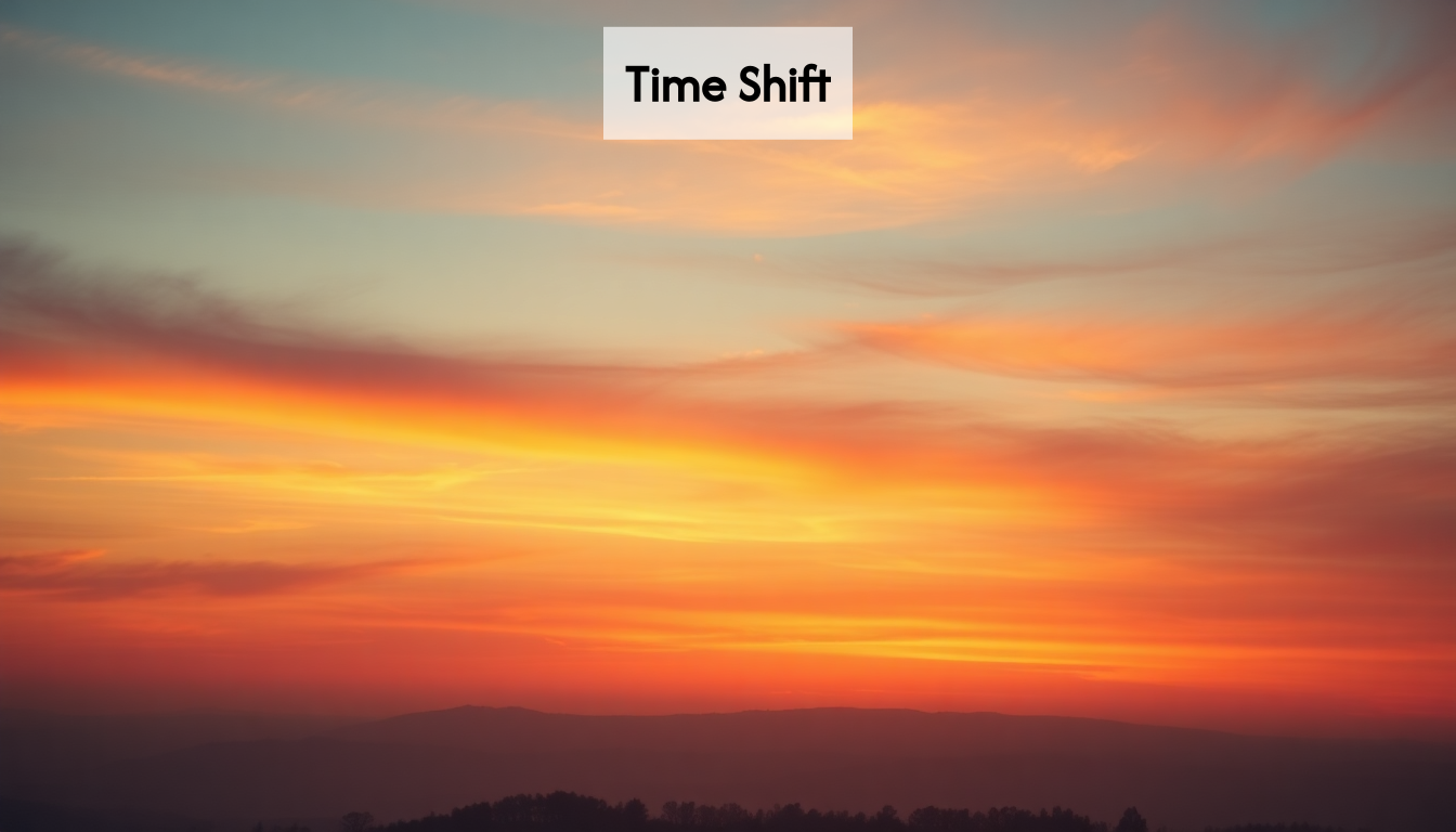 A scenic landscape showing sunrise and sunset.
