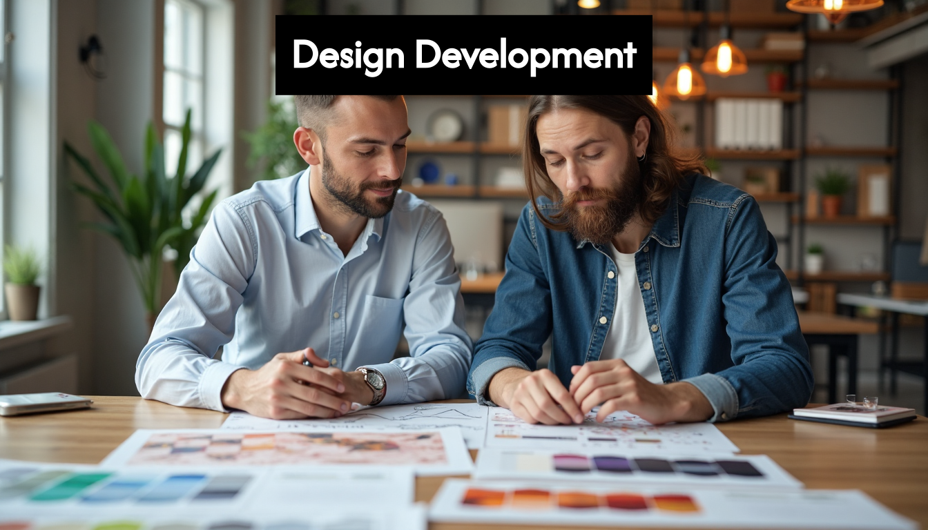 Designer and business owner reviewing sign mockups