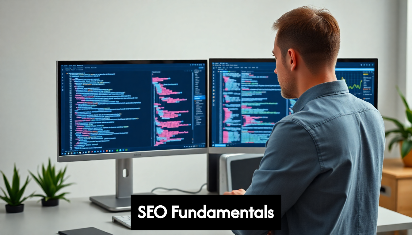 Developer auditing website code for SEO